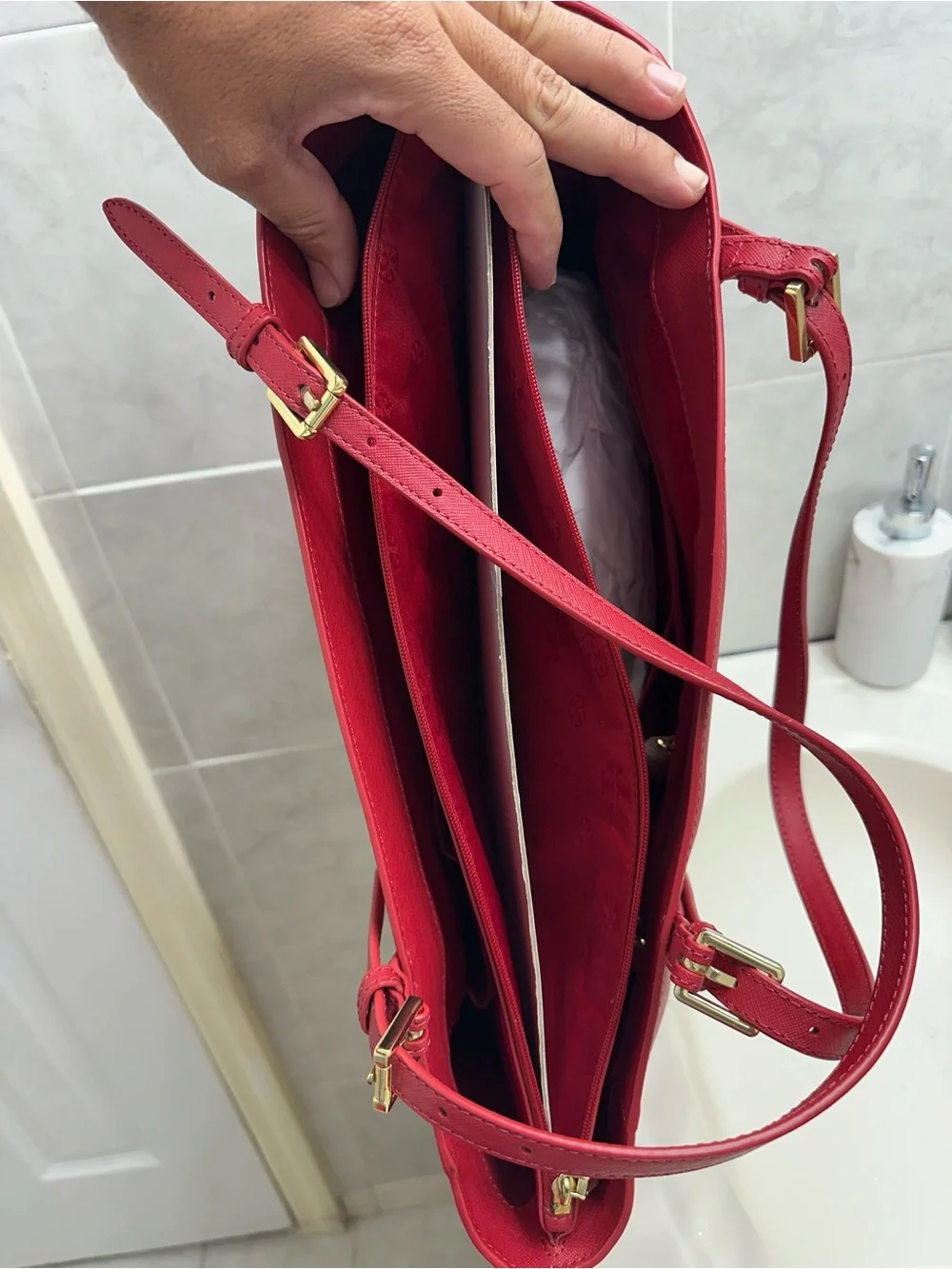 Tory Burch Cherry Red Saffiano Leather Tote